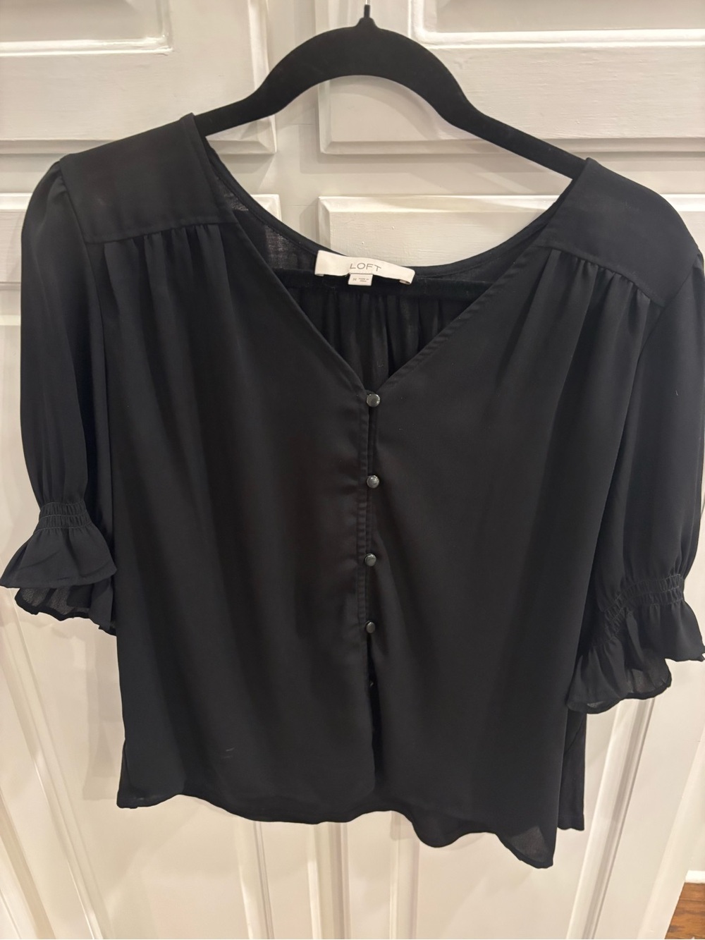 LOFT Black V-Neck Button-Front Mixed media Blouse